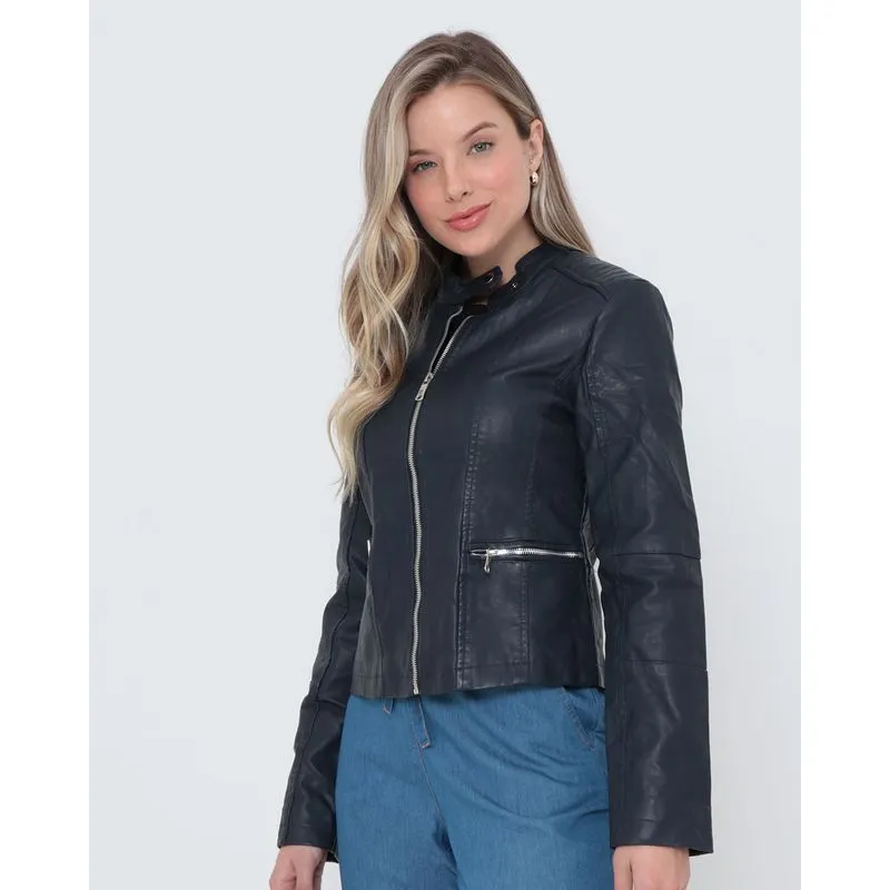 Jaqueta Feminina Biker Zíper Azul Marinho M
