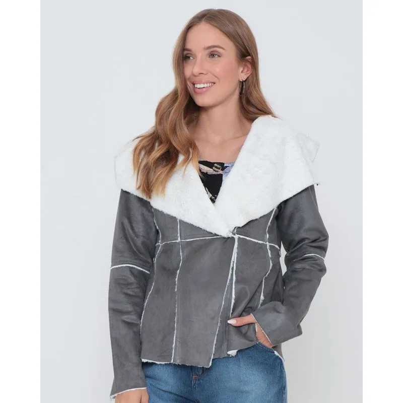 Jaqueta Feminina Suede Pelinhos Cinza G