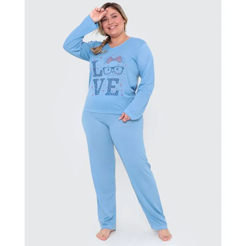 Pijama Longo Plus Size Estampa Frontal Azul G3