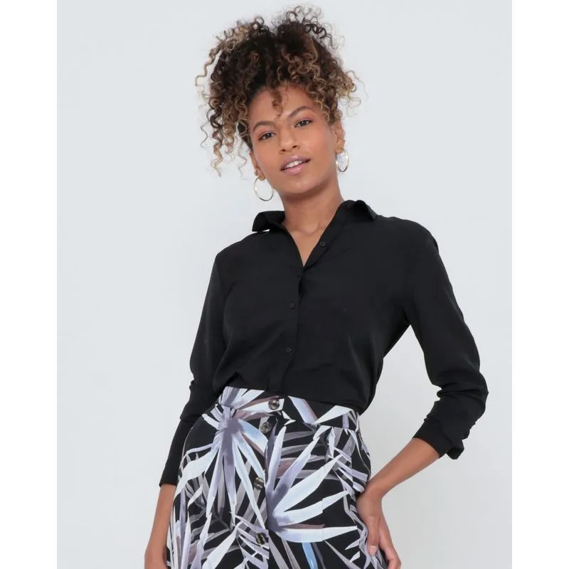 Camisa Feminina Manga Longa Crepe Preta P
