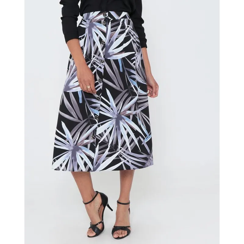 Saia Midi Estampada Botões Floral Preta GG