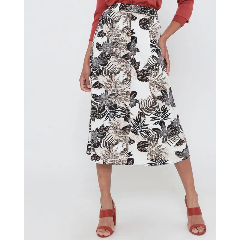 Saia Midi Estampada Botões Floral Off White GG