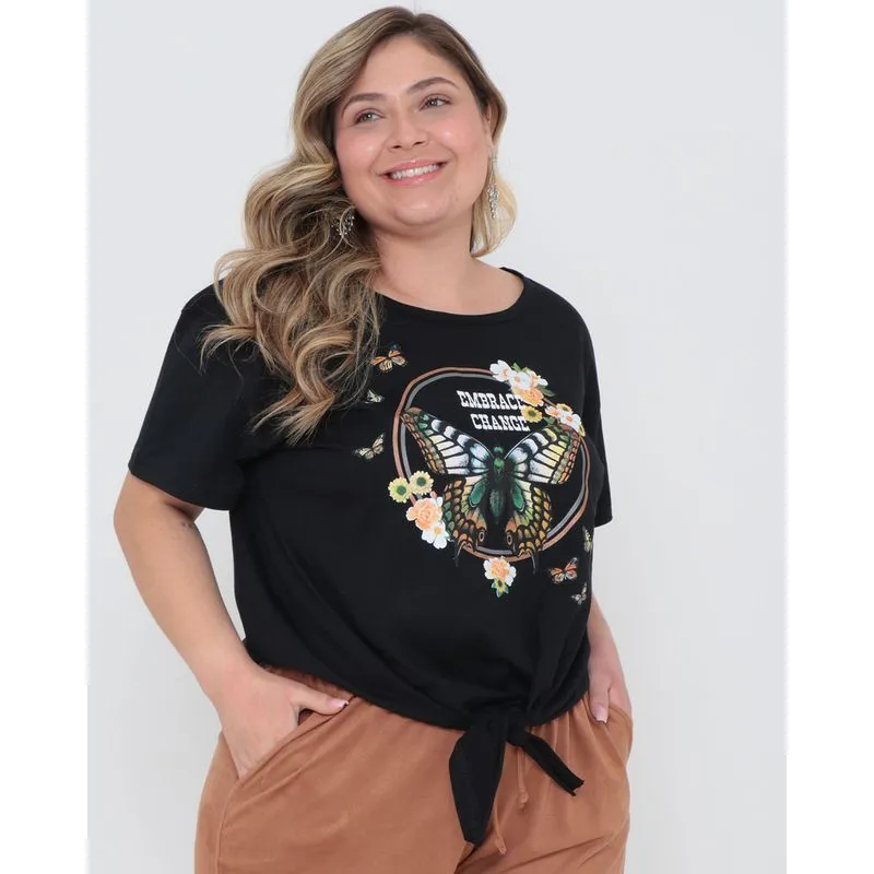 Blusa Plus Size Nózinho Estampada Preta G1