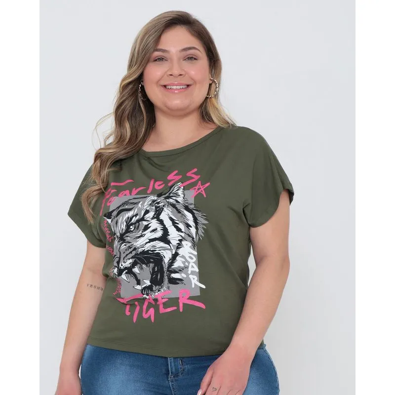 Blusa Plus Size Manga Curta Estampada Brilho Verde G2