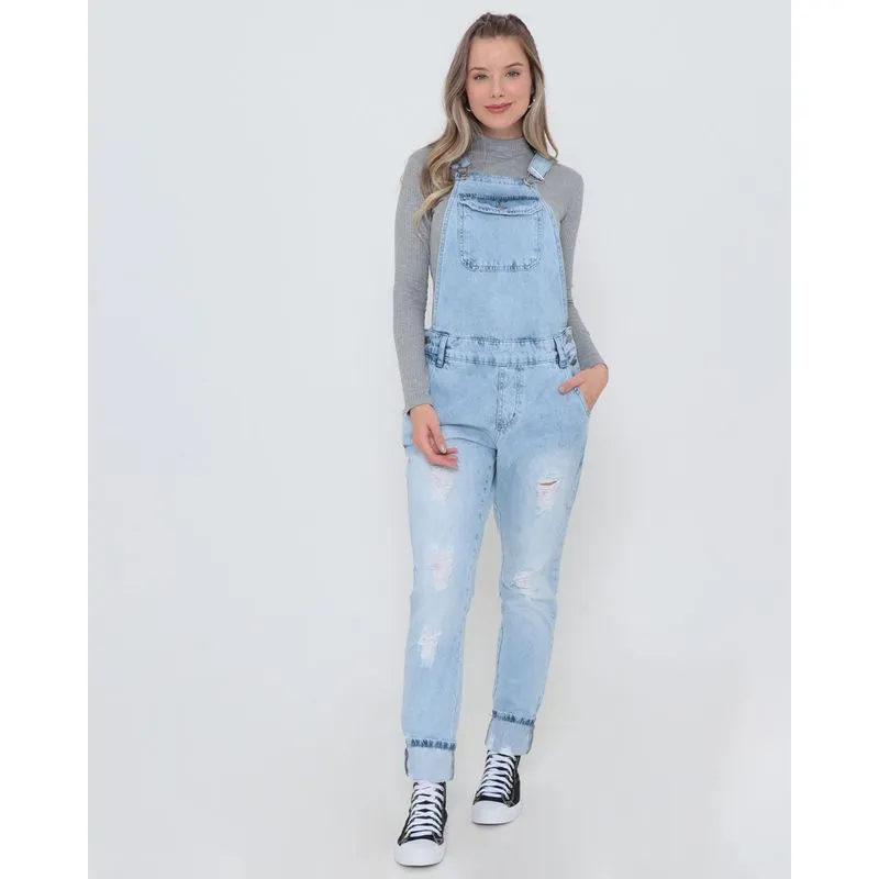 Jardineira Jeans Feminina Destroyed Azul Claro 40