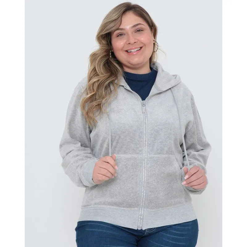 Jaqueta Feminina Plus Size Zíper Strass Cinza G3