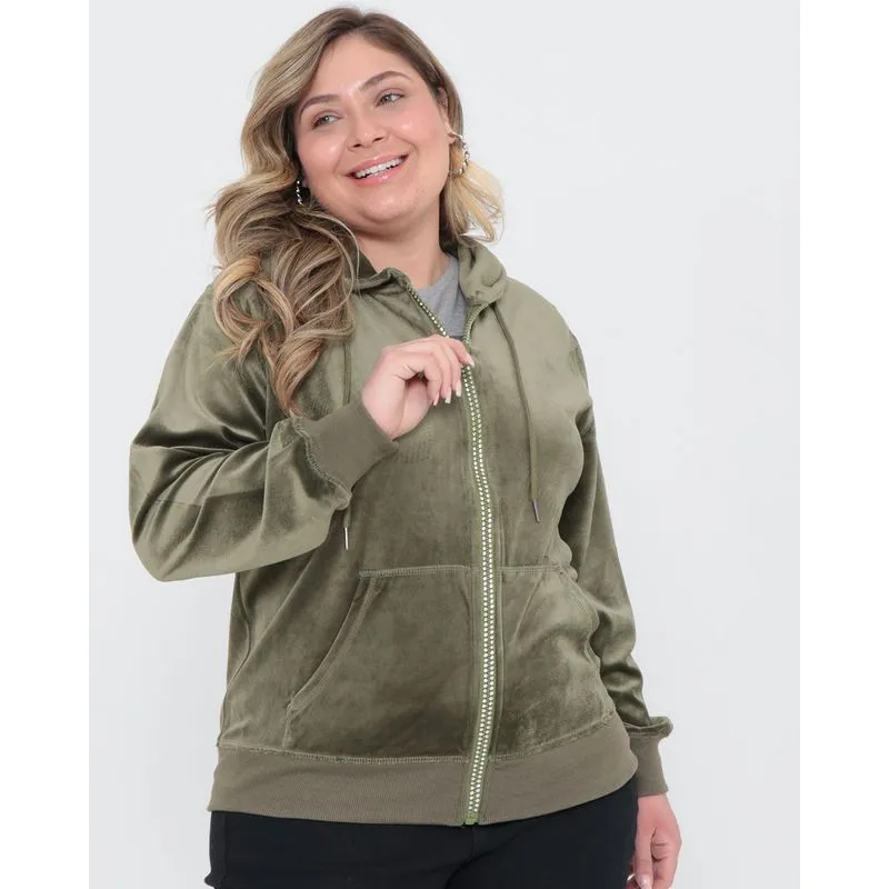 Jaqueta Feminina Plus Size Plush Zíper Strass Verde G3