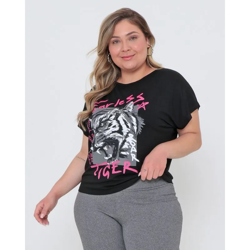 Blusa Plus Size Manga Curta Estampada Brilho Preta G1