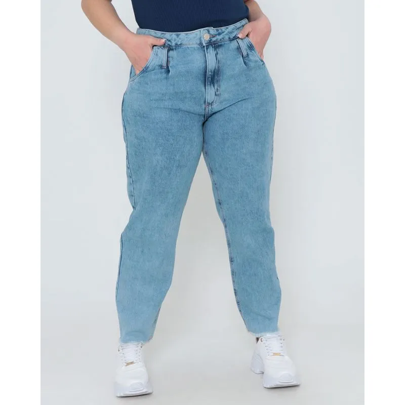Calça Jeans Feminina Plus Size Mom Azul Clara 50