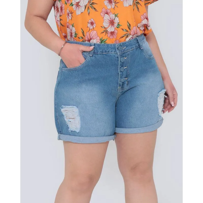 Short Jeans Plus Size Botões Azul Claro 50