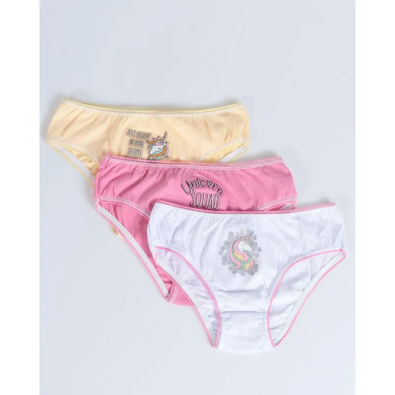 Kit 3 Calcinhas Infantil Unicórnio Amarela, Branca e Rosa 4