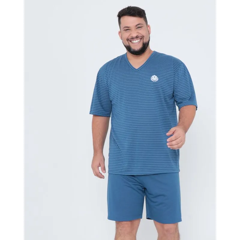 Pijama Masculino Plus Size Listrado Azul G1