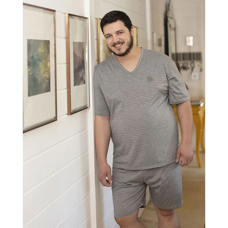 Pijama Masculino Plus Size Listrado Cinza G2