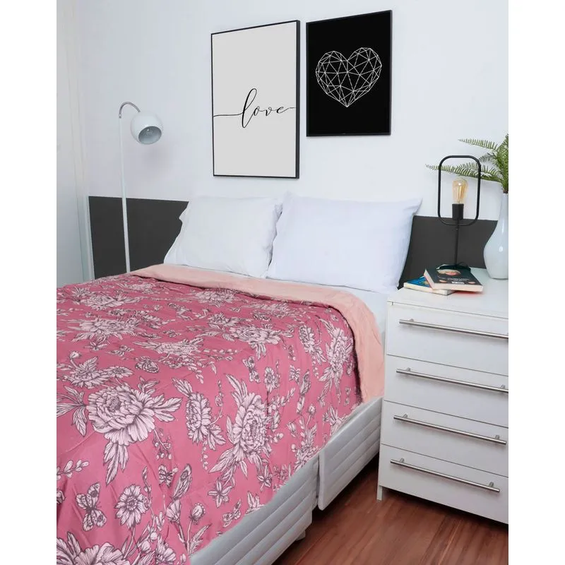 Coberdrom Queen Slim Plush Floral Rosa Escuro UN