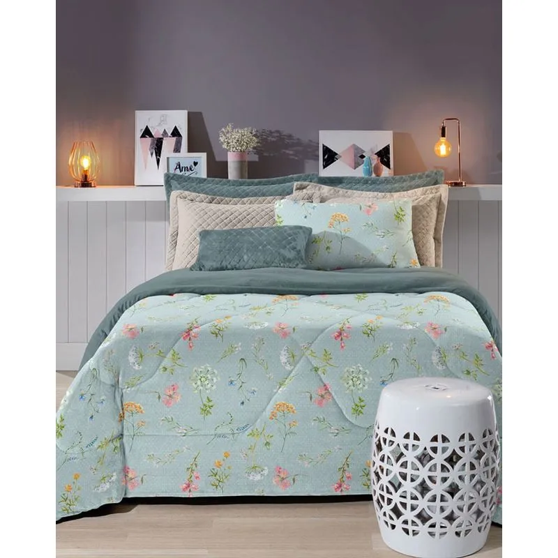 Coberdrom Queen Slim Plush Floral Hedrons Azul Claro UN