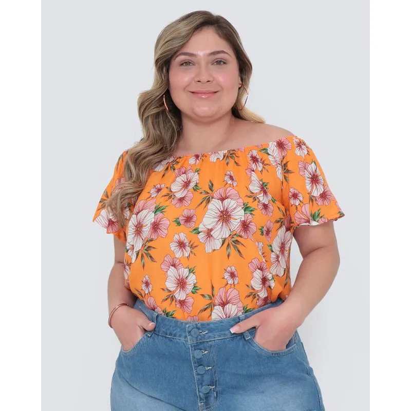 Blusa Plus Size Ciganinha Floral Laranja G2