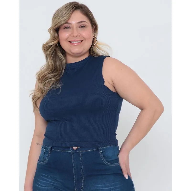 Regata Feminina Plus Size Canelada Azul Marinho G2