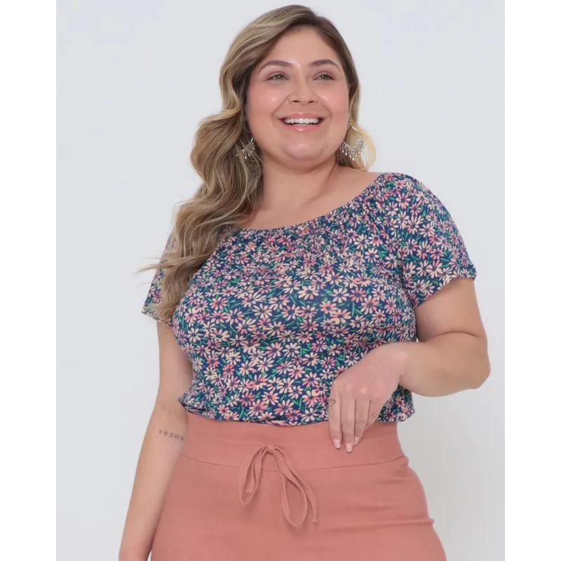 Blusa Plus Size Ciganinha Floral Azul Marinho G3