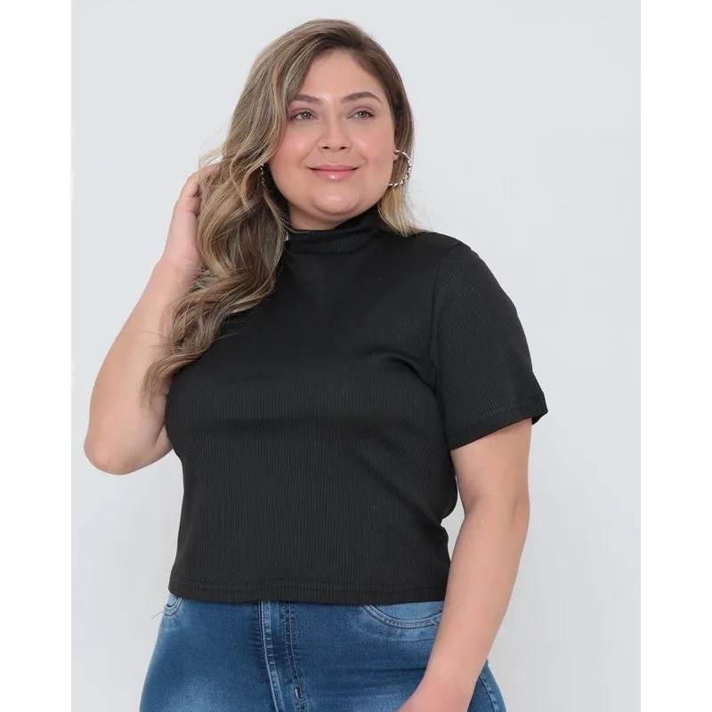 Blusa Plus Size Básica Gola Alta Ribana Preta G1