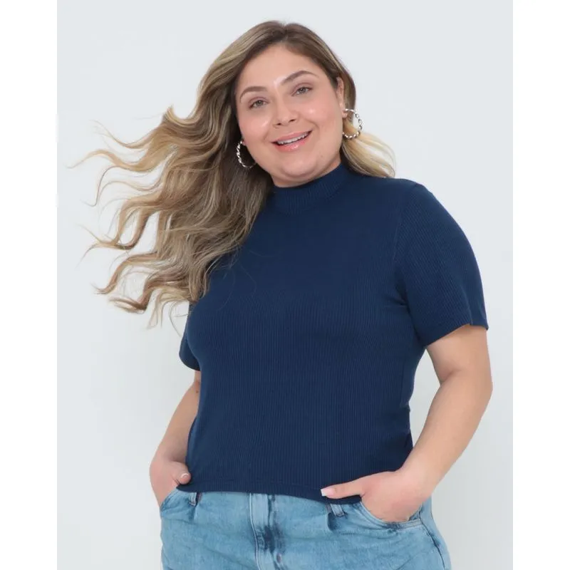 Blusa Plus Size Básica Gola Alta Ribana Azul Marinho G1