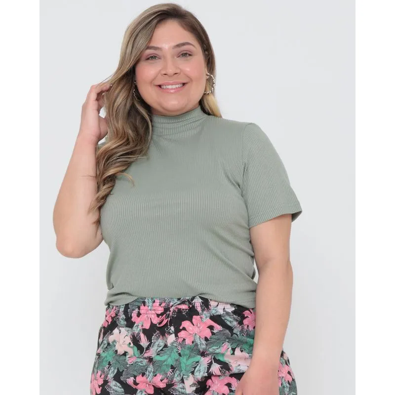 Blusa Plus Size Básica Gola Alta Ribana Verde G3