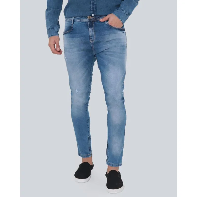 Calça Jeans Masculina Skinny Com Puídos Azul 42