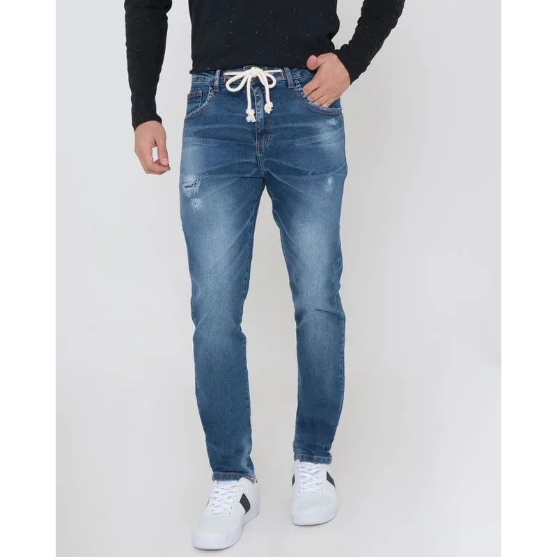 Calça Jeans Masculina Com Puídos E Cordão Azul 40