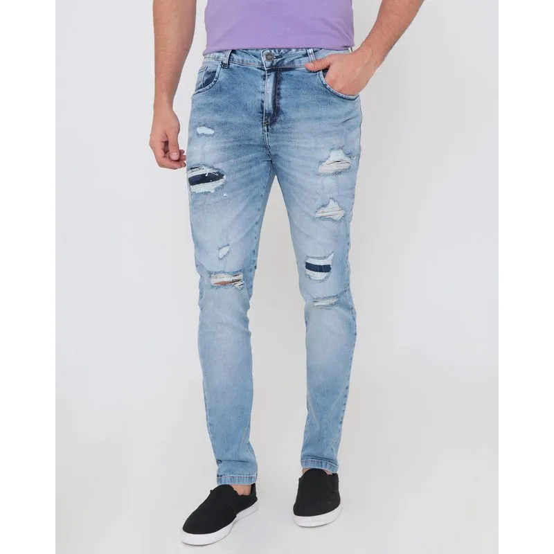 Calça Jeans Masculina Slim Destroyed Azul Claro 44