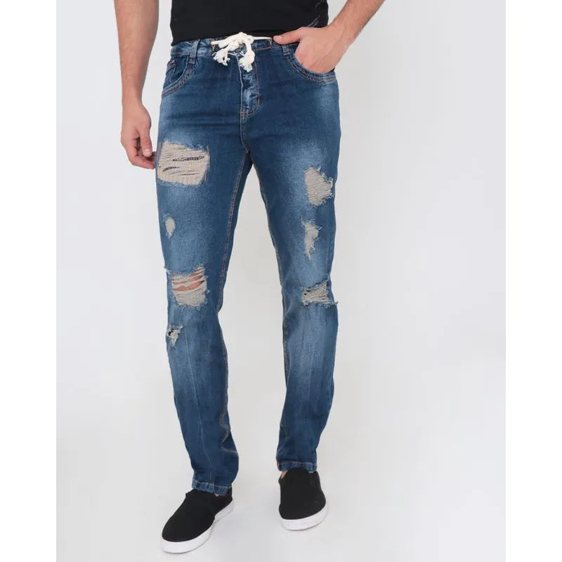 Calça Jeans Masculina Destroyed Com Cordão Azul 40