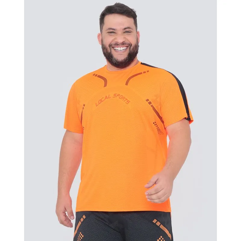 Camiseta Esportiva Masculina Plus Size Recorte Neon Laranja G3