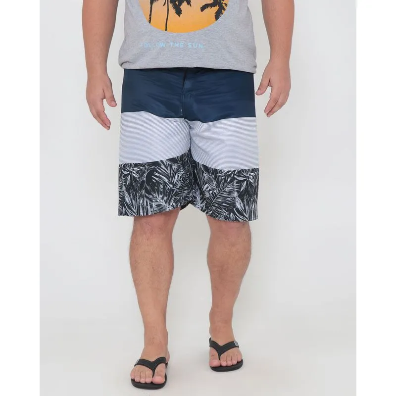 Bermuda Masculina Plus Size Cós Neoprene Folhas Azul Marinho 50
