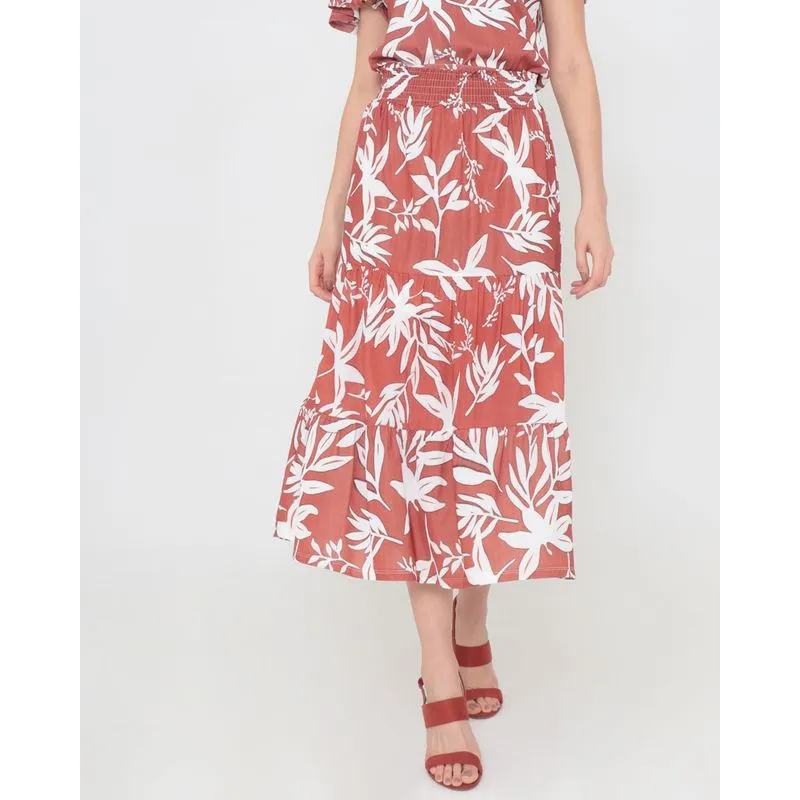Saia Midi Estampada Floral Terracota G