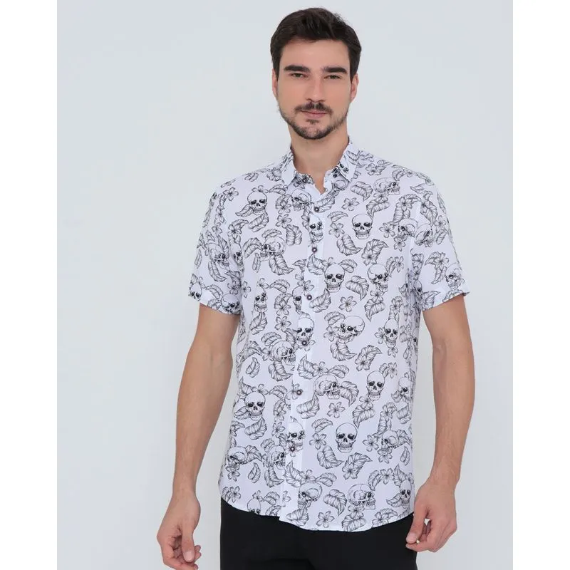 Camisa Masculina Casual Estampa Caveiras Branca 3