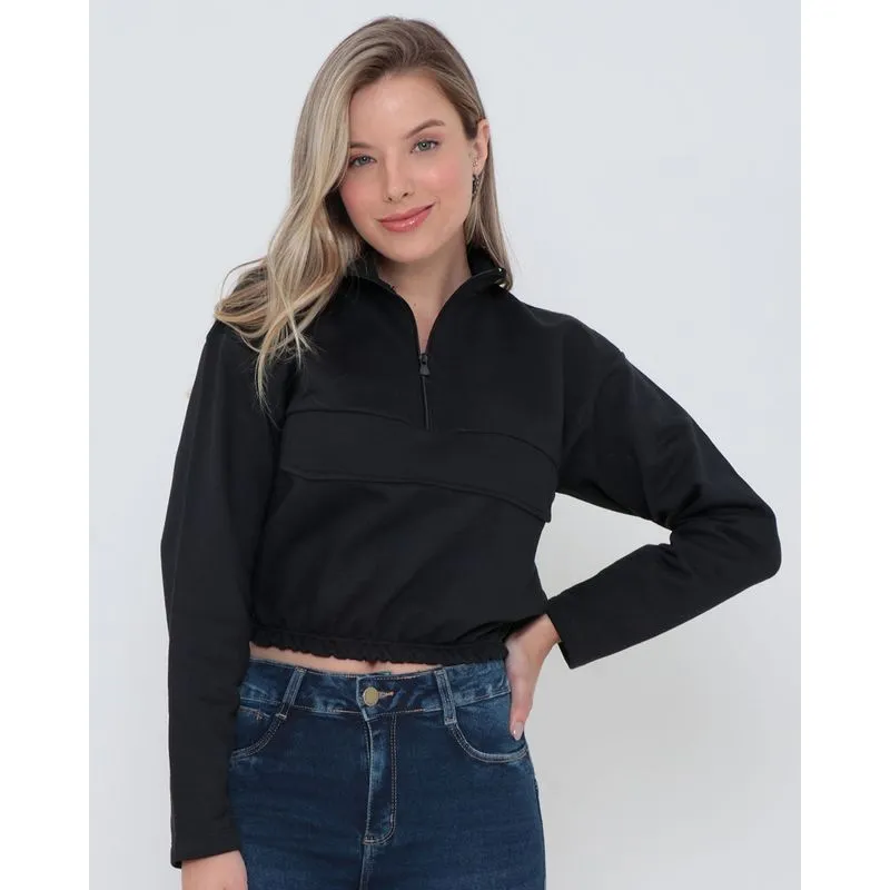 Blusão Moletom Gola Alta Cropped Preta GG