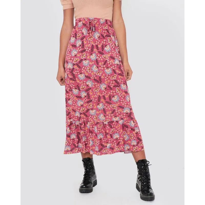 Saia Longa Viscose Estampada Floral Vinho P