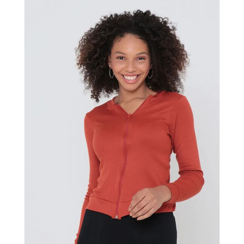Casaco Feminino Malha Canelada Bomber Terracota M