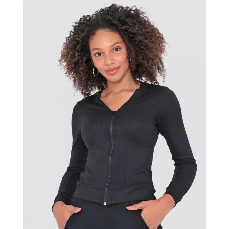 Casaco Feminino Malha Canelada Bomber Preto GG