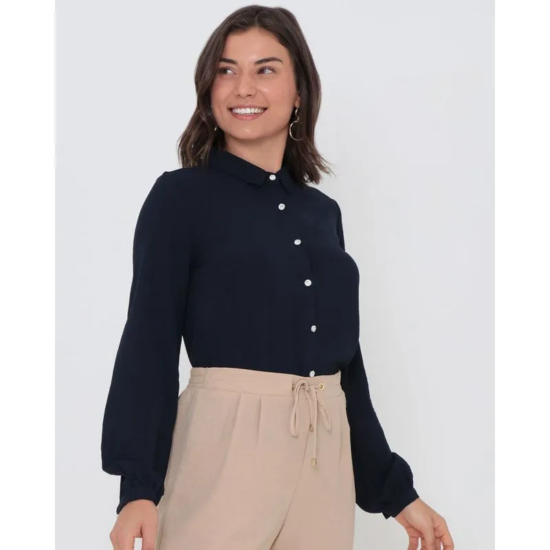 Camisa Feminina Manga Longa Botão Strass Marinho P