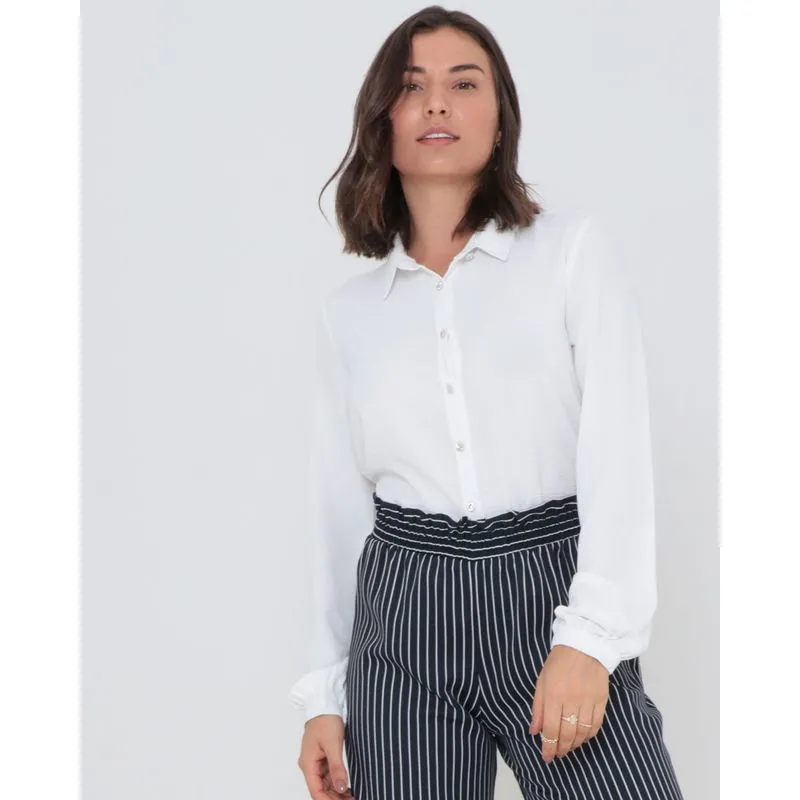 Camisa Feminina Manga Longa Botão Strass Branca GG