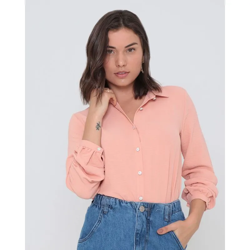 Camisa Feminina Manga Longa Botão Strass Rosê GG