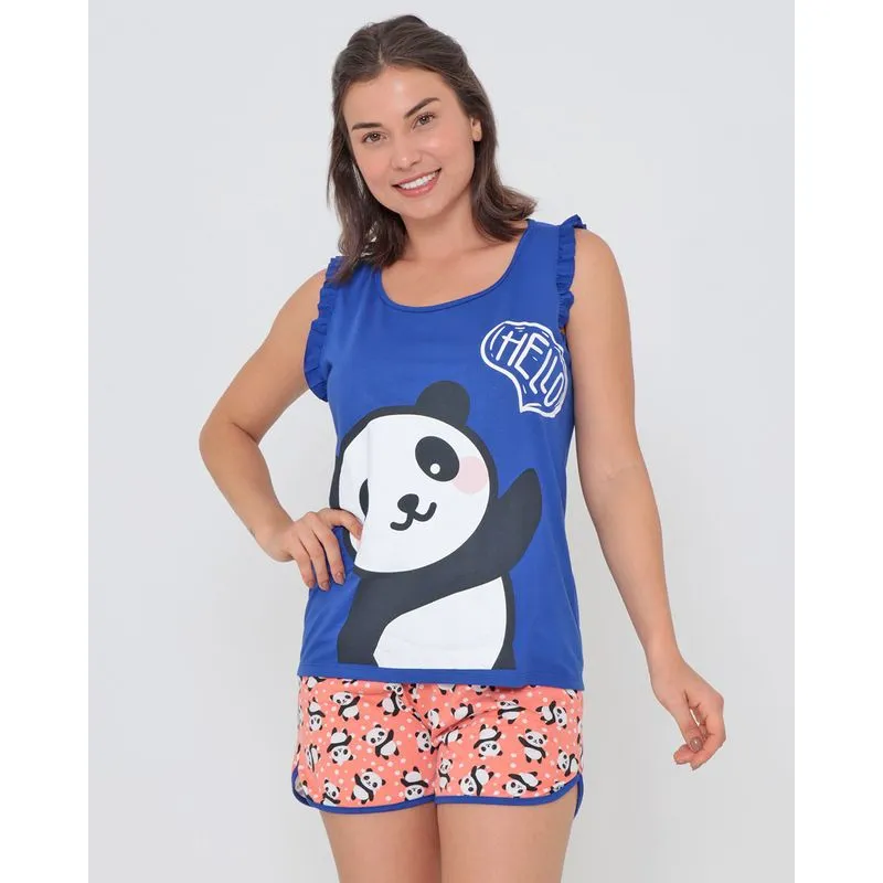 Pijama Feminino Regata Estampa Panda Azul G
