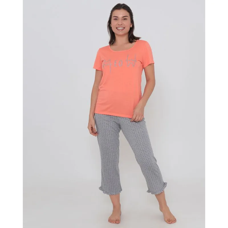 Pijama Feminino Longo Estampa Gato Laranja M