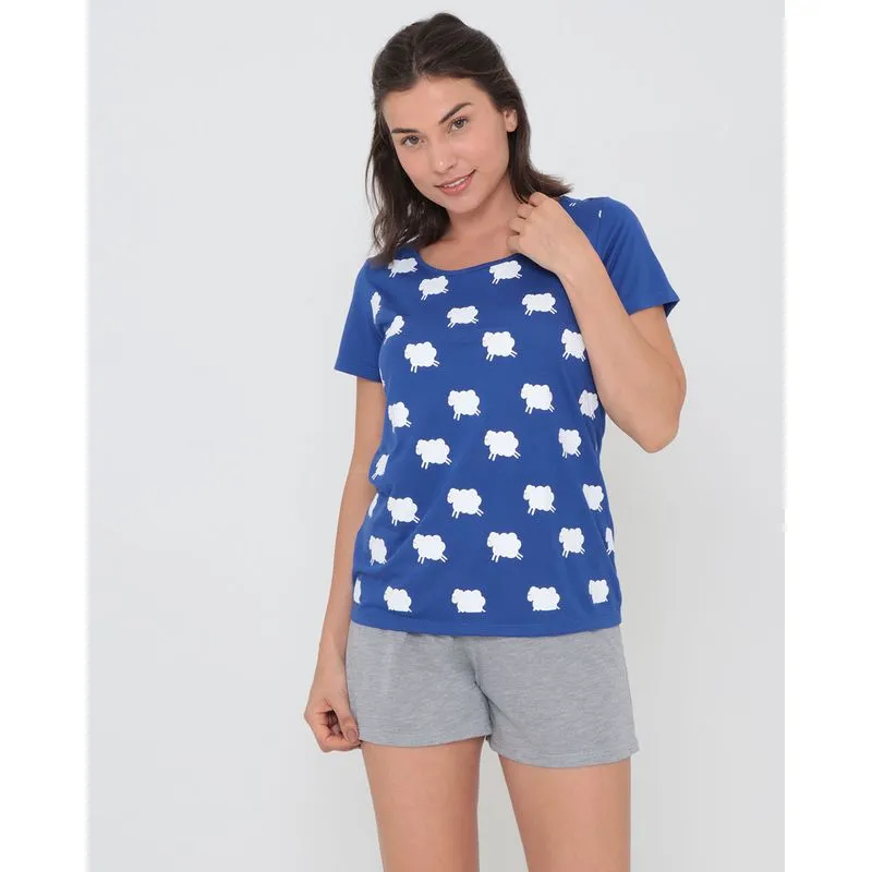 Pijama Feminino Manga Curta Estampa Ovelhas Azul G