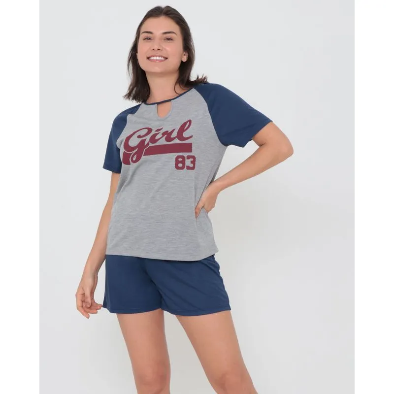 Pijama Manga Curta Estampa Frontal Cinza M