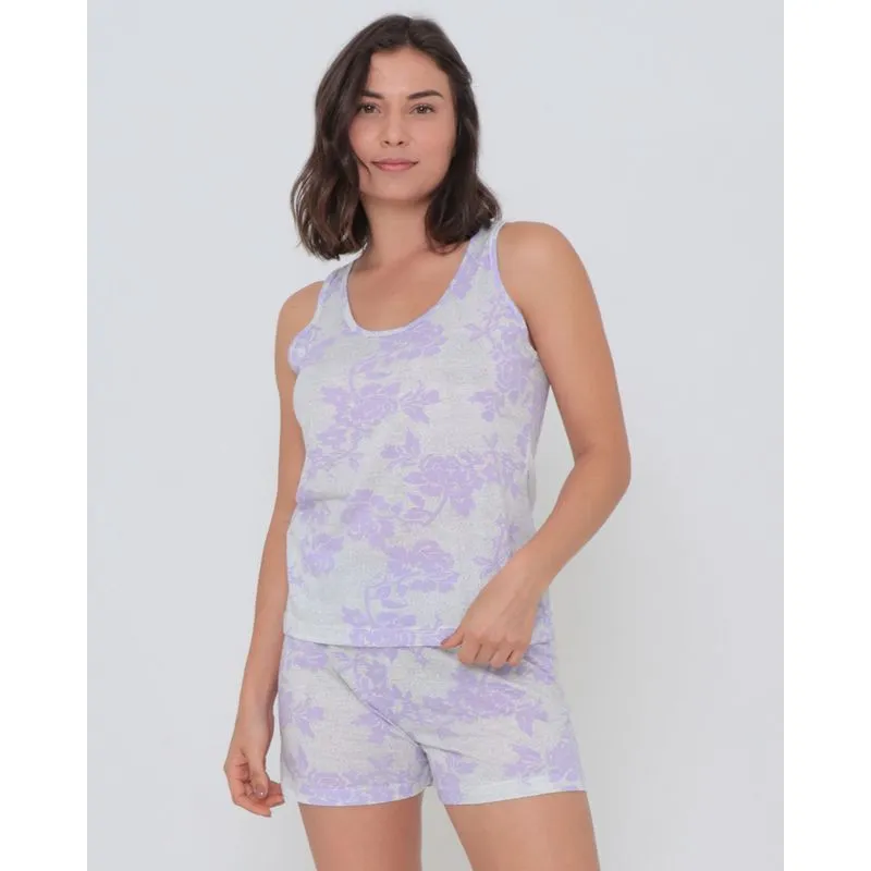 Pijama Feminino Estampado Floral Mescla Cinza P