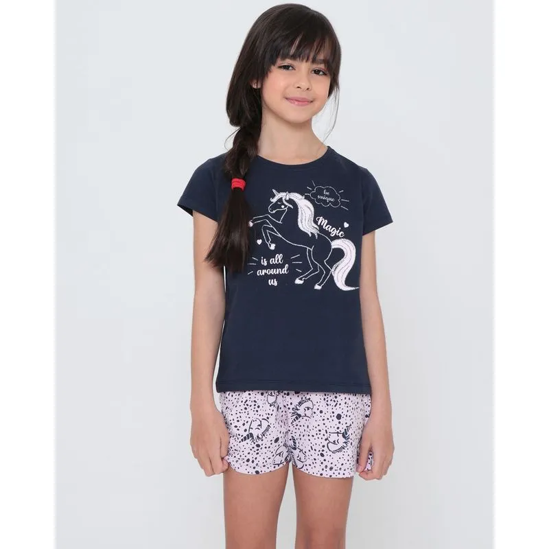 Pijama Infantil Curto Estampa Unicórnio Azul Marinho 4