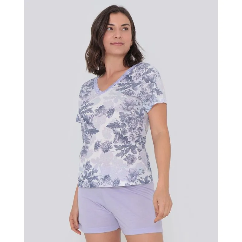 Pijama Feminino Estampado Floral Manga Curta Lilás GG