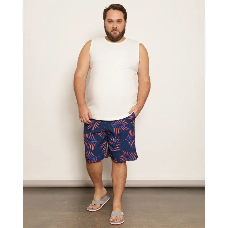 Bermuda Plus Size Masculina Reta Surf Estampa Folhagens Azul G1