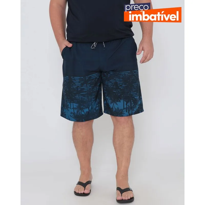 Bermuda Plus Size Surf Estampa Coqueiros Azul Marinho G1