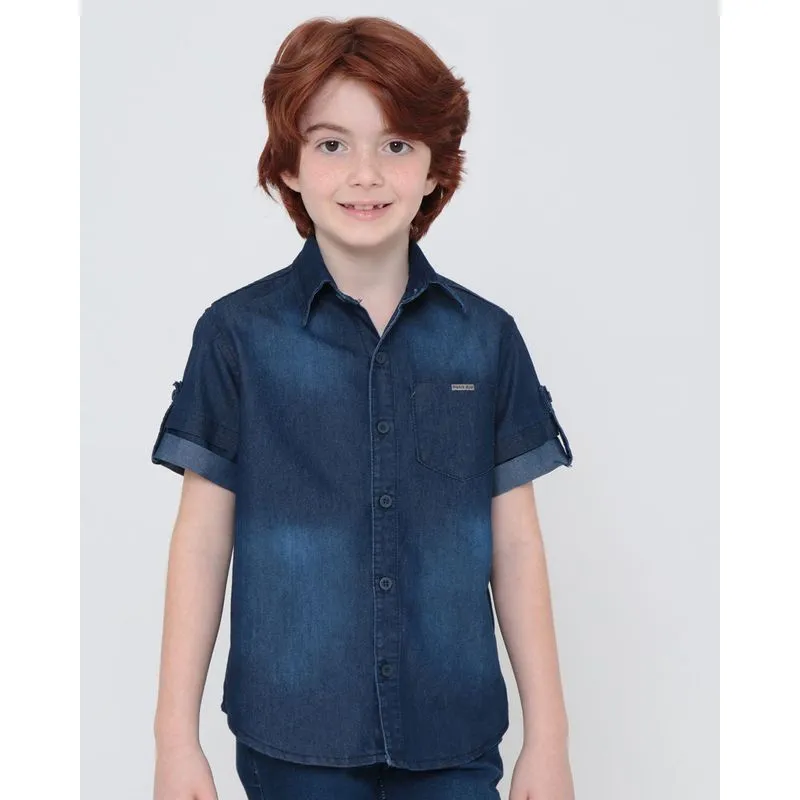 Camisa Jeans Infantil Manga Curta Básica Azul Escuro 4